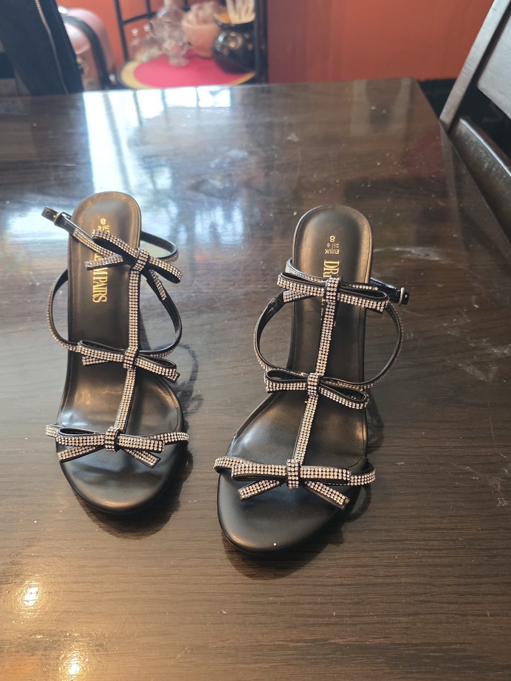Dreamers Black Strappy Heels with Crystal Bow Trim 8